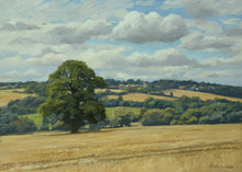 Load image into Gallery viewer, 10 x 14 inch oil painting of the freshly harvested cornfield, with a large Oak tree in the middle distance, and distant blue trees and a few houses of Wing in the far distance.
