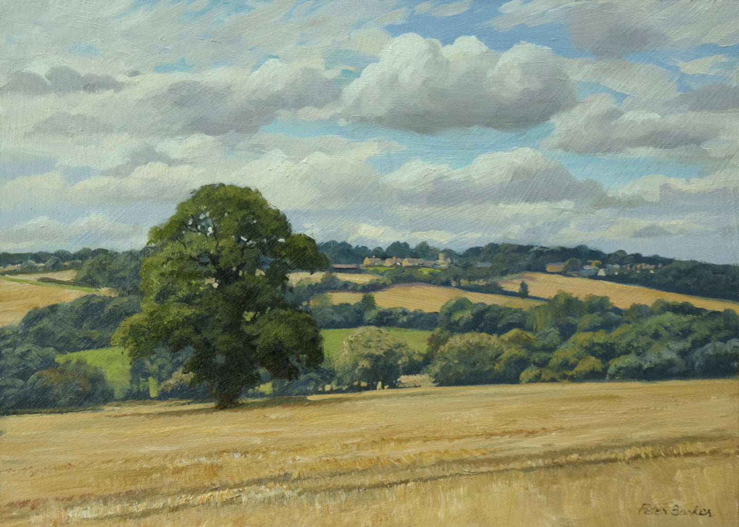 10 x 14 inch oil painting of the freshly harvested cornfield, with a large Oak tree in the middle distance, and distant blue trees and a few houses of Wing in the far distance.