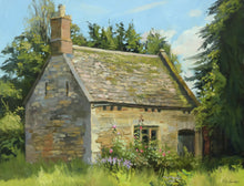 Load image into Gallery viewer, 9x12 inch oil painting of the old stone Bothy in Lyndon, with one window and an old oak door, lit from the sun on the right.

