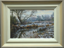 Load image into Gallery viewer, 8 x 12 inch oil painting of a bend on the River Welland near Duddington, snow on the ground, and watery sun just appearing through the clouds, showinghand-finished frame with off-white inner, gradating to beige and grey outer frame.
