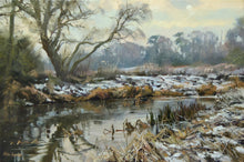 Load image into Gallery viewer, 8 x 12 inch oil painting of a bend on the River Welland near Duddington, snow on the ground, and watery sun just appearing through the clouds.
