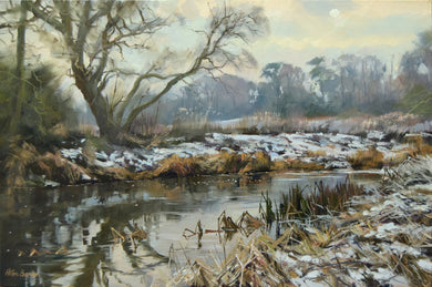 8 x 12 inch oil painting of a bend on the River Welland near Duddington, snow on the ground, and watery sun just appearing through the clouds.
