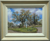 9 x 12 inch oil painting of an Oak tree in early spring on the junction of Wing, Glaston and Morcott roads, witha lot of feathery branches and the white signpost on the grass verge in the centre, showing hand-finished grey outer to beige and off-white inner frame