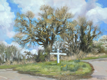 Load image into Gallery viewer, 9 x 12 inch oil painting of an Oak tree in early spring on the junction of Wing, Glaston and Morcott roads, witha lot of feathery branches and the white signpost on the grass verge in the centre.
