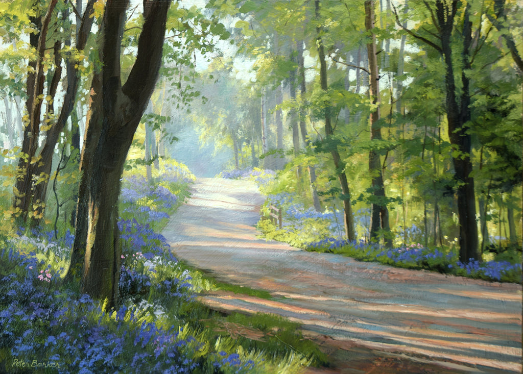 10 x 14 inch oil painting of the path through Barnsdale Wood, looking into the sunlight, trees appearing dark, with a sparkle of lit vegetation and foliage, with lots of Bluebells abounding.