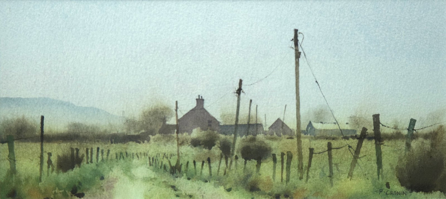A letterbox-shaped 6 x 13 inch watercolour of a farmhouse and some barns, painted on a damp day in Pembrokeshire, with a track taking the eye from bottom left of centre round to the right , with some bushes, fenceposts and telegraph poles simply described. 