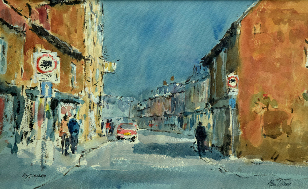 12 x 19 inch watercolour of Uppingham from the junction of High Street East and Orange Street, with a dark sky, highlighting the sunlit buildings, painted in a beautifully loose style. 