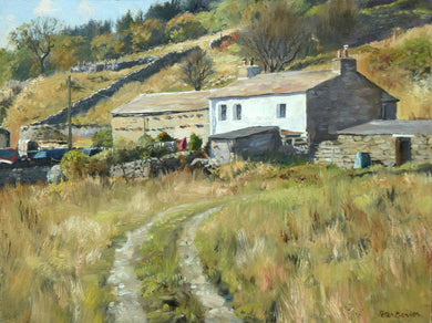 9 x 12 inch oil painting of a white-painted farmhouse on a hill, with a stone barn alongside it, with a track leading through rough grassland up to it.  Fresh washing is on the line.