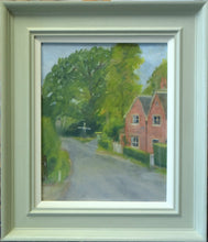 Load image into Gallery viewer, 12 x 9.5 inch oil painting, depicting red brick house on the right, backdrop of trees and the three-way signpost left of centre, showing the plain green/grey frame with off-white inner slip.

