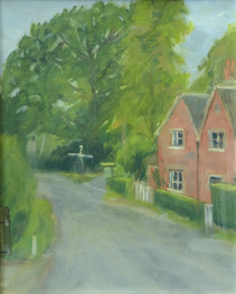 12 x 9.5 inch oil painting, depicting red brick house on the right, backdrop of trees and the three-way signpost left of centre.
