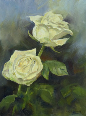 Small oil of two white roses set against a dark background with a lighter blue upper backdrop.