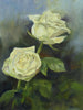 Small oil of two white roses set against a dark background with a lighter blue upper backdrop.