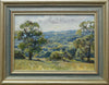Small oil landscape of distant back-lit trees with a mature oak tree on the left and a small one on the right, and a meadow in th foreground, with an open gate beckoning us to walk through. Also shows the silver and blue frame.