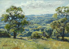 Load image into Gallery viewer, Small oil landscape of distant back-lit trees with a mature oak tree on the left and a small one on the right, and a meadow in th foreground, with an open gate beckoning us to walk through.
