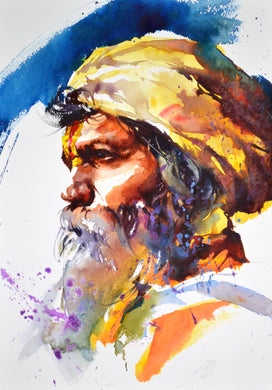 Superbly colourful unframed portrait of the head of a Sikh Man, with lots of crisp edges and wet-in-wet passages, by Tom Shepherd.