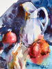 Watercolour painting of a still-life with vase and fruit, dark background, loose, expressive brushstrokes, by Tom Shepherd