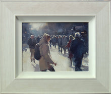 Load image into Gallery viewer, An acrylic painting by Carl Knibb, showing lots of shoppers in a crowded street, with one woman in the foreground moving across the street, against the up and down flow of the other pedestrians, painted into the sunlight, with halos of light around the figures. Shows whitewashed frame.

