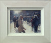 An acrylic painting by Carl Knibb, showing lots of shoppers in a crowded street, with one woman in the foreground moving across the street, against the up and down flow of the other pedestrians, painted into the sunlight, with halos of light around the figures. Shows whitewashed frame.