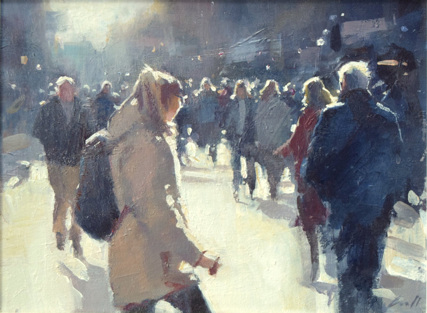 An acrylic painting by Carl Knibb, showing lots of shoppers in a crowded street, with one woman in the foreground moving across the street, against the up and down flow of the other pedestrians, painted into the sunlight, with halos of light around the figures.