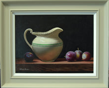 Load image into Gallery viewer, 12 x 16 inch Oil on Linen Canvas, of a china jug with two green stripes around it with some plums scattered around it, classically painted with a very dark background, and a neutral frame and white inner slip.
