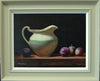 12 x 16 inch Oil on Linen Canvas, of a china jug with two green stripes around it with some plums scattered around it, classically painted with a very dark background, and a neutral frame and white inner slip.