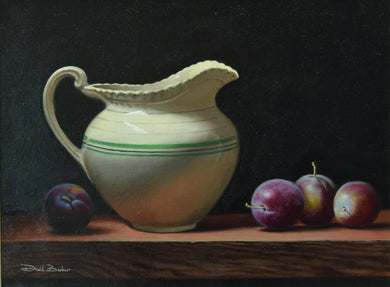 12 x 16 inch Oil on Linen Canvas, of a china jug with two green stripes around it with some plums scattered around it, classically painted with a very dark background.