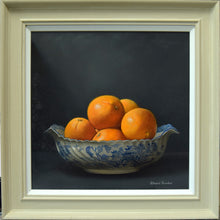 Load image into Gallery viewer, 16 x 16 inch Oil on Linen Canvas, of a Willow-Pattern blue and white bowl with oranges, with light source from the left, with a dark background. Classically painted, very realistic, with a neutral-coloured frame and white slip
