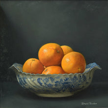 Load image into Gallery viewer, 16 x 16 inch Oil on Linen Canvas, of a Willow-Pattern blue and white bowl with oranges, with light source from the left, with a dark background. Classically painted, very realistic.
