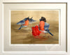 Digital painting of a pair of Bullfinches, one dressed as a Matador with a red cape, the other as a bull, in a white frame 