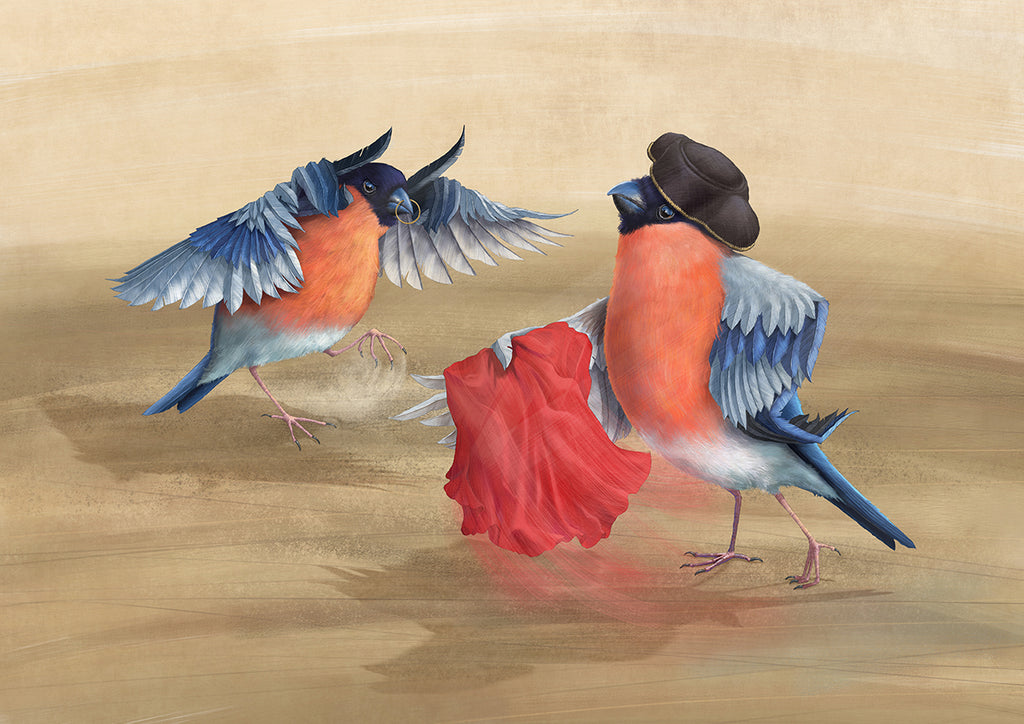 Digital painting of a pair of Bullfinches, one dressed as a Matador with a red cape, the other as a bull, two of its wing feathers like a pair of horns