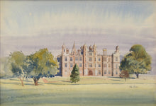Load image into Gallery viewer, Beautiful watercolour of Burghley House in Stamford, by Alan Oliver, with detailed house with loosely painted trees each side
