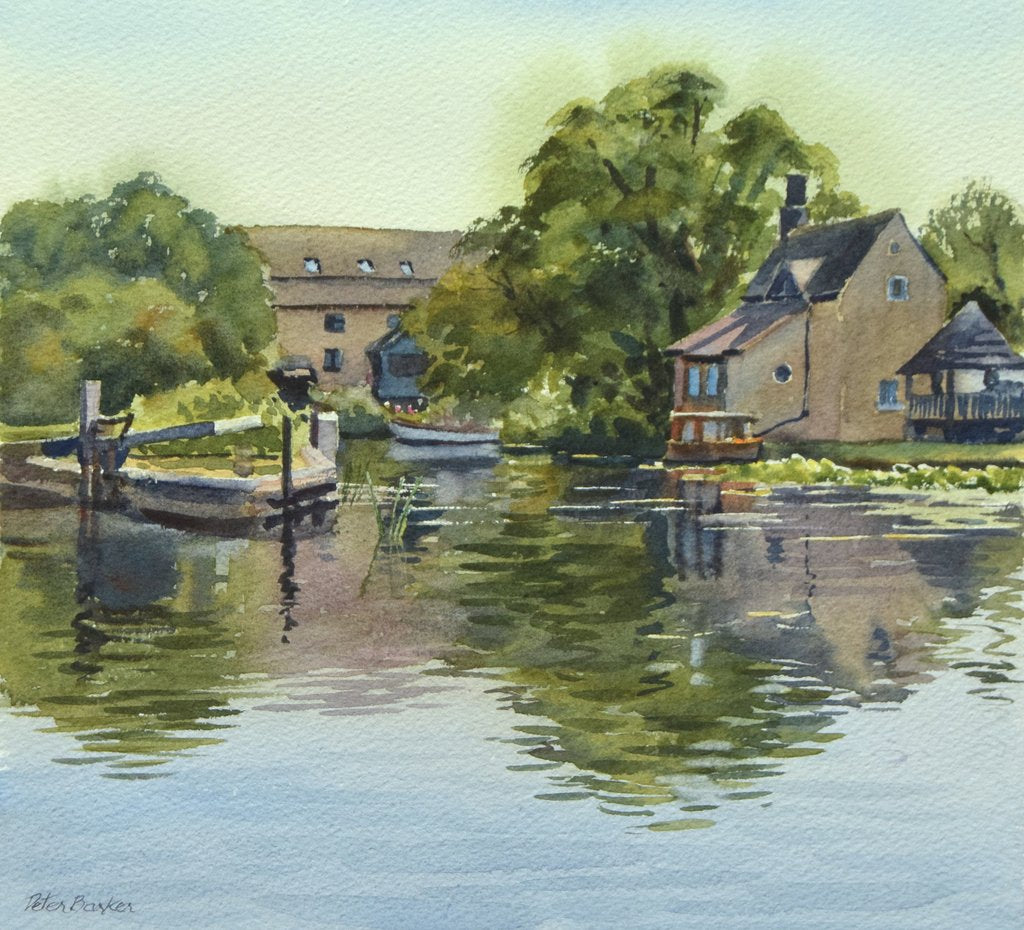 Watercolour of the river nene at Water Newton Mill by Peter Barker