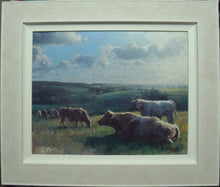 Load image into Gallery viewer, Acrylic painting with halos of light around cattle on The Blythe in Staffs by Carl Knibb showing beige/grey frame with white slip
