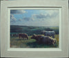Acrylic painting with halos of light around cattle on The Blythe in Staffs by Carl Knibb showing beige/grey frame with white slip