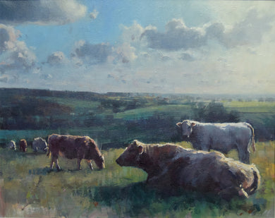 Acrylic painting with halos of light on cattle on The Blythe in Staffs with lively clouds in a blue sky, by Carl Knibb