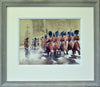 Watercolour of the changing of the guards with hazy background by Trevor Lingard with double-mount and grey frame