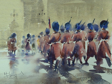 Watercolour of the changing of the guards with hazy background and guardsmen in red uniforms and bearskins by Trevor Lingard