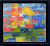 An almost square abstract painting, mostly painted with a palette knife, using mostly primary colours of blue, red and yellow, with a few strokes of green, showing the navy blue floating box frame.