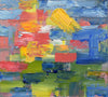 An almost square abstract painting, mostly painted with a palette knife, using mostly primary colours of blue, red and yellow, with a few strokes of green