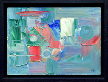Load image into Gallery viewer, Abstract oil painting with slabs of blue and green paint with some impasto strokes of red and white, with three circular swirls, akin to the innards of a clock, also showing the navy-coloured floating box frame
