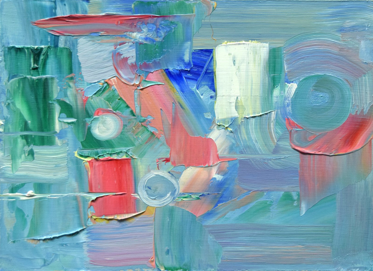 Abstract oil painting with slabs of blue and green paint with some impasto strokes of red and white, with three circular swirls, akin to the innards of a clock