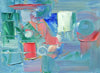 Abstract oil painting with slabs of blue and green paint with some impasto strokes of red and white, with three circular swirls, akin to the innards of a clock
