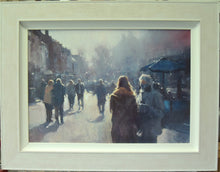 Load image into Gallery viewer, A 16 x 24 inch acrylic painting of a busy pedestrian street, looking straight into the sun, with two foreground figures chatting to each other, buildings and trees in the distance. Shows whitewashed frame
