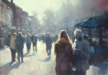 Load image into Gallery viewer, A 16 x 24 inch acrylic painting of a busy pedestrian street, looking straight into the sun, with two foreground figures chatting to each other, buildings and trees in the distance.
