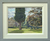 A 9 x 12 inch oil painting of a sunny day with Coombe Abbey on the left, with a large Cypress tree left of centre, with two artists painting in the middle distance, and lots of sunlit edges to the formal garden hedges, with the grey and cream frame.