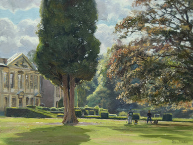 A 9 x 12 inch oil painting of a sunny day with Coombe Abbey on the left, with a large Cypress tree left of centre, with two artists painting in the middle distance, and lots of sunlit edges to the formal garden hedges.