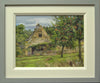 A 9 x 12 inch oil painting of a stone cottage left of centre, with an apple tree laden with red apples right of centre foreground, showing grey and cream frame.