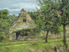 A 9 x 12 inch oil painting of a stone cottage left of centre, with an apple tree laden with red apples right of centre foreground.