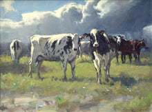 Load image into Gallery viewer, A 12 x 16 inch acrylic painting by Carl Knibb, showing several Friesian Cattle with enquiring minds, very interested in you, the viewer! Beautiful big, Cumulus clouds behind them.
