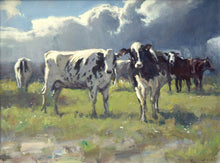 Load image into Gallery viewer, A 12 x 16 inch acrylic painting by Carl Knibb, showing several Friesian Cattle with enquiring minds, very interested in you, the viewer! Beautiful big, Cumulus clouds behind them.
